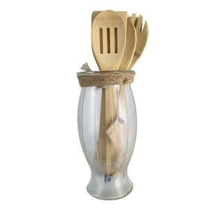 Upcycled Ribbed 9.5" Glass Vase with New Bamboo Wood Cooking Utensils Farmhouse